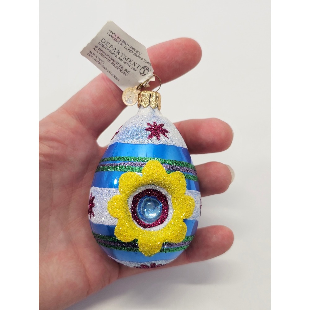 Department 56 Glass Egg Ornament Czech Republic Easter Flower Glitter Red Stars